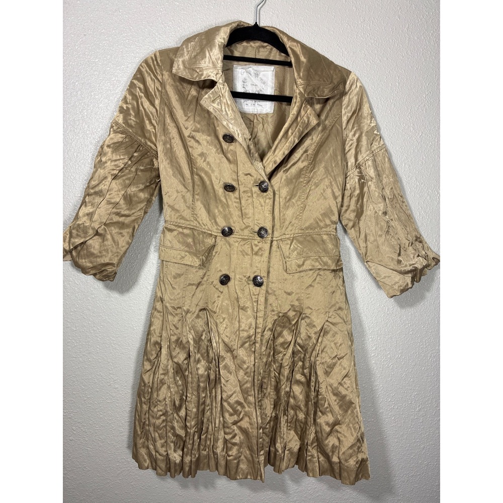 Jackets by Cino Gold Metallic Pleated Peplum Trench Coat Small 3/4 Sleeve